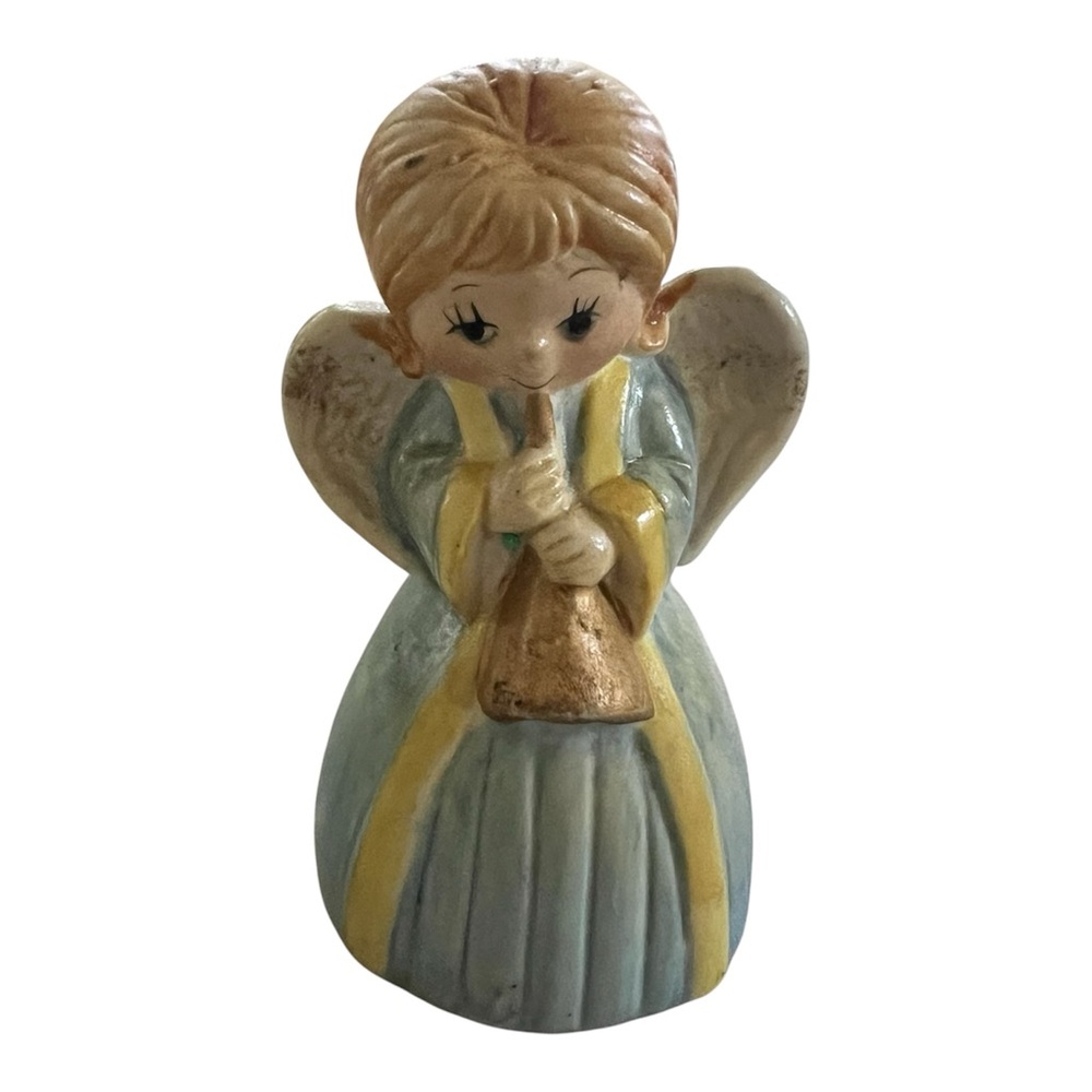 Vintage Porcelain Angel Girl Blowing Horn, JSNY Dinner Bell Hand Painted